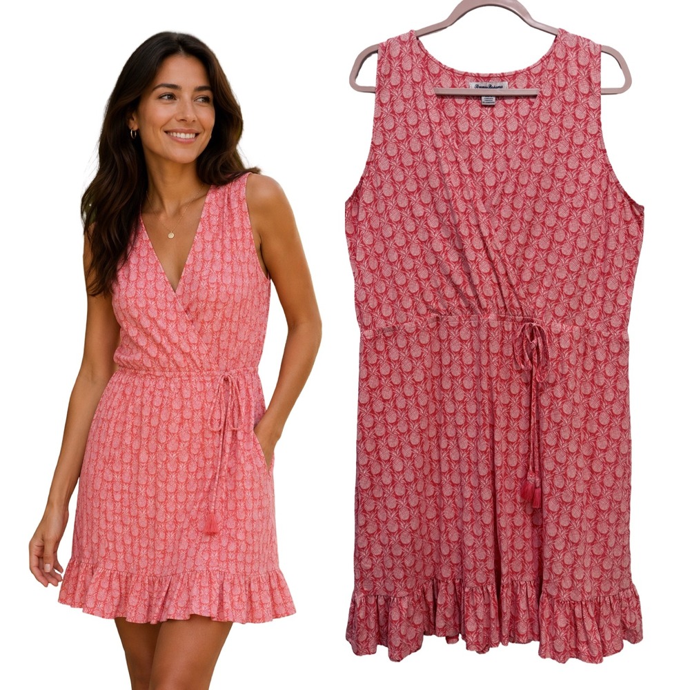 Tommy Bahama Sleeveless Dress Pineapple Print Coral Pink Sz Large Ruffle Stretch